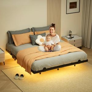 LUKIROYAL Floating Bed Frame Queen Size with Smart LED Lights and Charging Station - Modern LED Bed Frame with Lights, Floating Beds, Easy Assembly No Box Spring Needed.