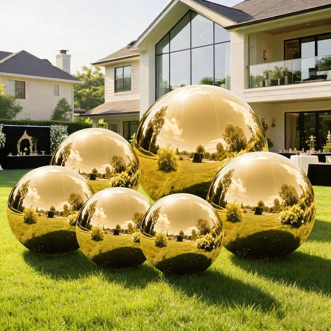 6PCS Gold Inflatable Mirror Ball Set,Reusable PVC Mirror Balls Large Event Decoration Hanging&Standing Balloon with Electric Pump for Event,Wedding,Party Decor(Gold, 6Pcs+Pump)