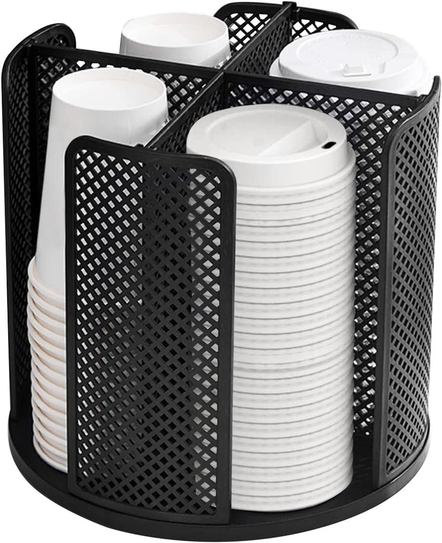 Cup and Lid Organizer Cup Dispenser Coffee Cup Organizer Paper Cup Holder Rotating for Bathroom, Restaurant, Break Room, Coffee Station, Bar, Buffet, Kitchen Cabinet, Countertop,4 Compartment (Black)