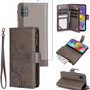 Asuwish Phone Case for Samsung Galaxy A51 4G Wallet Cell Cover with Tempered Glass Screen Protector Wrist Strap Flower Flip Zipper Card Holder Slot Stand A 51 M40S 51A A515F S51 Women Girls Grey