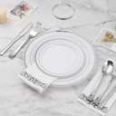 BESTVIP 100PCS 7 Inch Silver Plastic Dessert Plates, Disposable Plate with Silver Rim for Salad/Samll Cakes, Heavy Duty Plates for Party, Wedding and Birthday, Events
