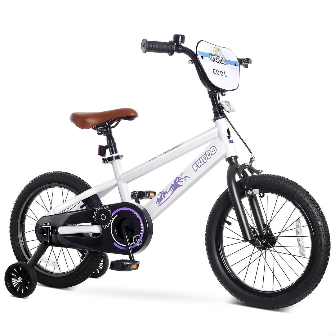 KRIDDO 16 Inch Kids Bike for Ages 3–8, Boys and Girls Bicycle with Removable Training Wheels, Bicycle for Kids with Hand Brake & Coaster Brake, Adjustable Height, DIY Name Plate, 16 Inch White