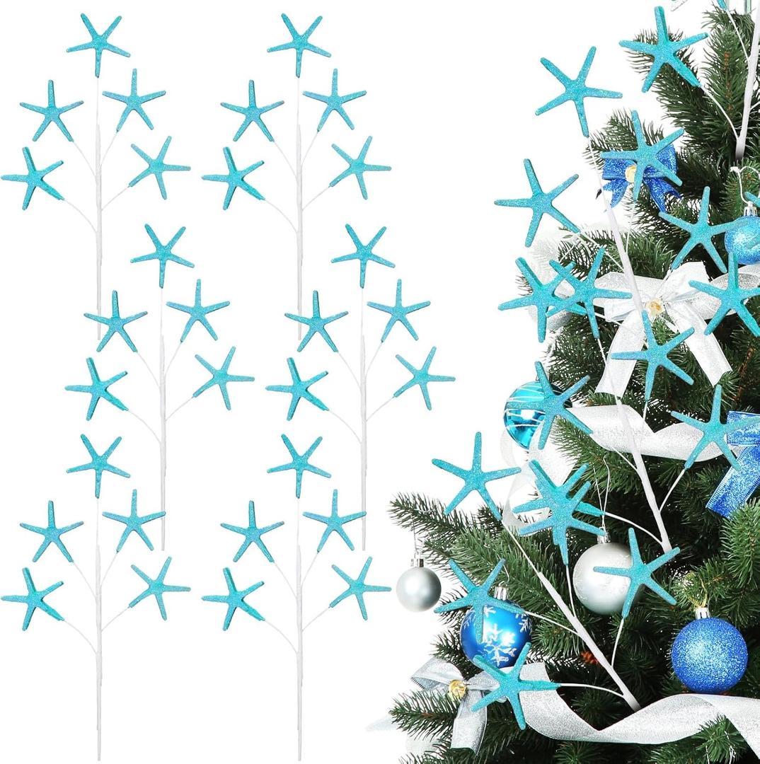 Pinkunn 6 Pcs Blue Coastal Christmas Tree Ornaments 15.74 Inch Starfish Christmas Picks and Spray Beach Artificial Tree Toppers Ocean Branches Twigs Filler for Xmas Vase Crafts Decor
