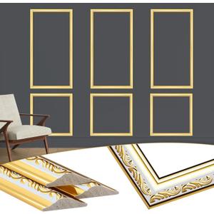 3 Set Gold White Peel and Stick Wall Molding Kit 6 Frame Premade Wainscoting Accent Panel Ready to Assemble 3D Wall Panels Trim for Interior Mirror Home Molding Decor, 54 x 24 Inch