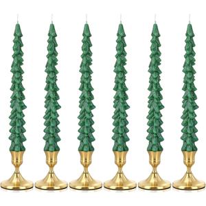 6 Set Christmas Tree Shaped Taper Candles with Holder 10 Inch Christmas Tree Shaped Candles Decorative Xmas Gifts for Centerpiece Decorations