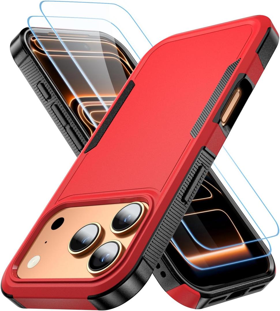 AEDILYS®Shockproof® for iPhone 17 Pro Max Case,[15 FT Military Grade Drop Protection],with 2X [Kevlar® 9H Glass Screen Protector] with Air Bumpers Full-Body Protective Phone Case, Red