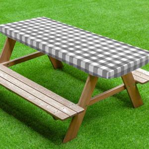 UMINEUX Fitted Rectangle Tablecloth for 6 ft - Plastic Vinyl Flannel Backed with Elastic Edged, Waterproof & Wipeable Table Cover for Indoor Patio Use (30x72 Inch, 1-Pieces, GreyPlaid) (Gray & White Checkered)