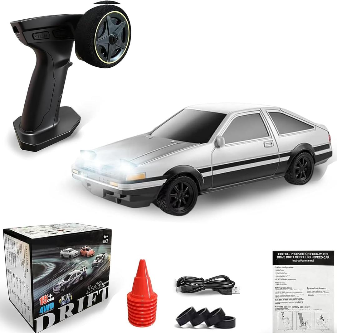 1/43 Mini RC Drift Car with Gyroscope, 2.4GHz 4WD Full Proportional High Speed Micro Hobby RC Cars with Lights Racing Tires, Fast Small Remote Control Car, Toy Model Gift for Adults Kids Boys Girls (White & Black-g)