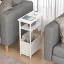 sthmec Narrow Side Table Set of 2, Skinny End Tables with Fabric Basket, Small Side Tables for Small Space,2-Tier Open Shelves with Basket, Slim Nightstands Set 2 for Bedroom,Livinroom,Office,White