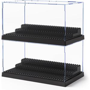 Mlikero 2 Pack Minifigure Display Case for Action Figures Blocks, Clear Dustproof Acrylic Display Box Storage with 3 Movable Steps Gifts for Children,Black
