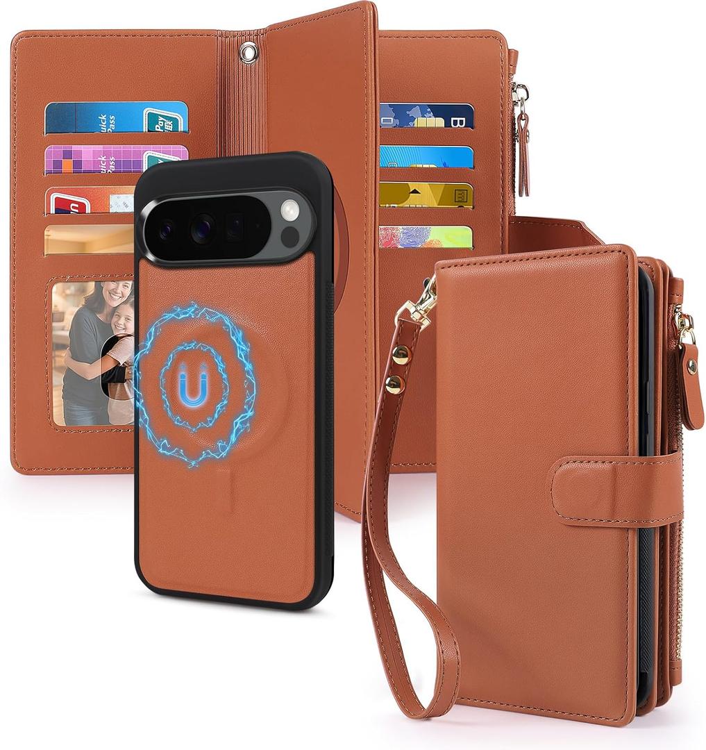 2 in 1 for Google Pixel 9/9 Pro / 10/10 Pro 6.3" Wallet Case Magnetic Compatible with Magsafe RFID Blocking Card Holder Detachable Phone Cover Zipper Purse Kickstand Wrist Strap for Men Brown