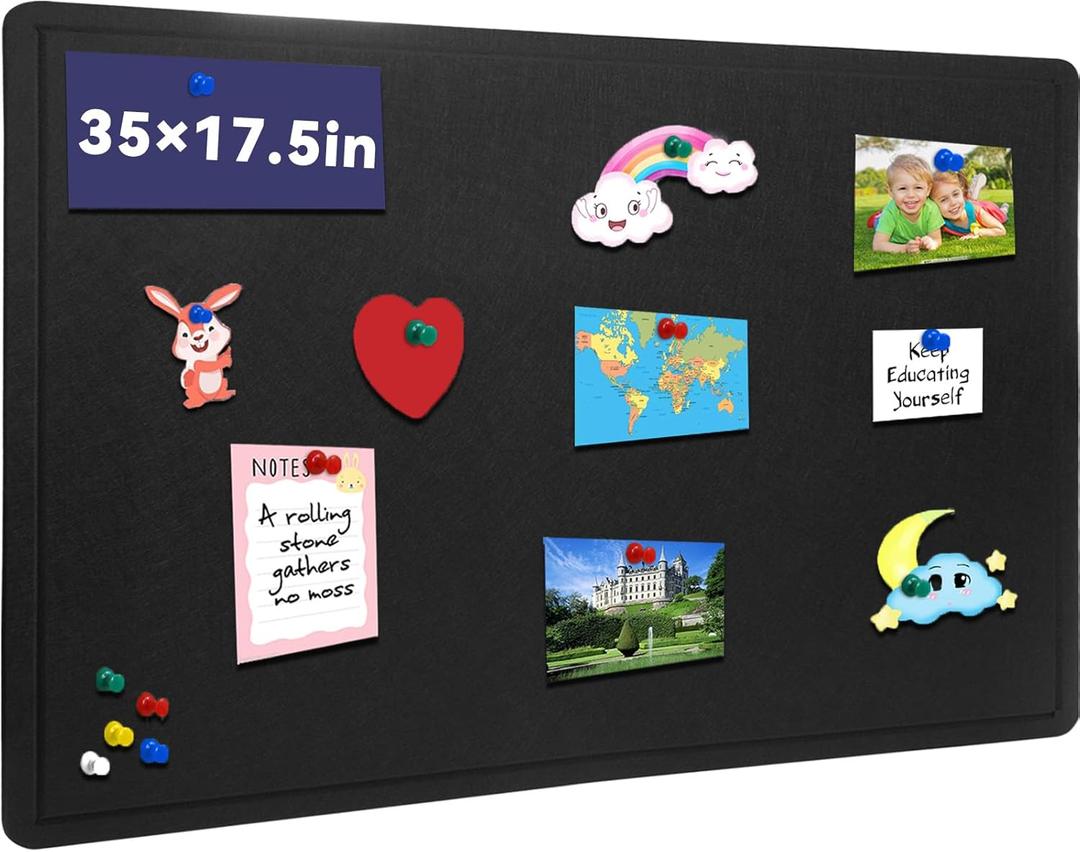 Bulletin Board - 35 x 17.5 inches Decorative Felt Pin Board - Cork Board Alternative for Wall - Foldable Photo Board Self-Adhesive Prayer Board with 20 Pushpins - Black