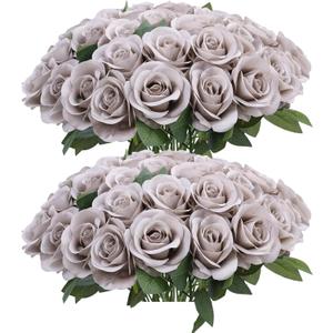 52pcs Grey Roses Artificial Flowers Fake Flowers Silk Roses with Stems for DIY Wedding Bouquets Bridal Shower Centerpieces Arrangements Party Decorations (16.6L 52Pcs)