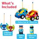 PREXTEX 2 Pack Cartoon Remote Control Cars for Toddlers - Police Car and Race Car with Steering Wheel Controllers and Lights - Different Frequencies Racing Together - Easter Toddler Gift 18+ Months.