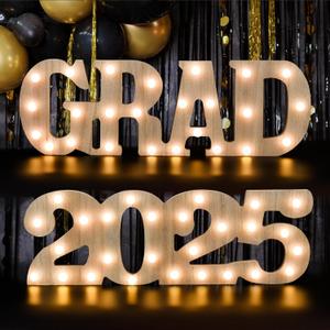 Graduation Decorations 2025,2 LED Long Wooden Marquee Light Up Letters 'Grad & 2025' Class of 2025 Party Supplies for College, High School, Preschool, Table Centerpieces with Extra Gift 10Pcs Ballons