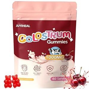 Colostrum Gummies, 1000 mg Grass Fed Colostrum Chews Colostrum Supplement for Gut Health, Hair Growth, Beauty, and Immune Support, Raspberry Flavor 60 Servings BBD 01/18/2027