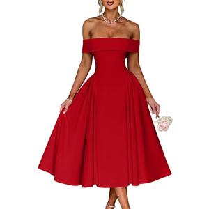 YMDUCH Women's Elegant Off Shoulder Short Sleeve A line Flowy Swing Cocktail Party Long Dress S