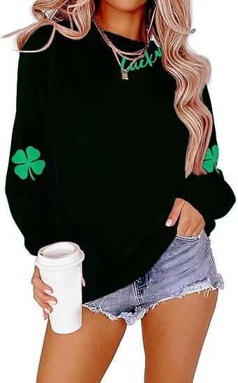 YALUCOR Womens St Patrick's Day Sweatshirt Shenanigans Coordinator Shirt Shamrock Clover Printed Long Sleeve Pullover Tops, Large