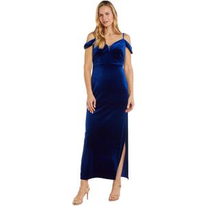 NIGHTWAY Women's Off The Shoulder Stretch Velvet Evening Gown W/Plunging V-Neck, High Slit & V-Back (Blue, M)