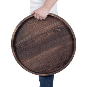 Round Ottoman Tray for Coffee Table Living Room Wood Serving Tray Large Wooden 20 Inches Rustic Brown