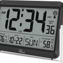 WallarGe Atomic Clock with Indoor Outdoor Temperature - 8.5'' Digital Clock Battery Operated, Self-Setting, 4 Time Zones, DST