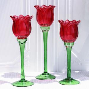VOHO Red Tulips Candle Holders Gifts for Anniversary, Red Tealight Candle Holder for Christmas Holiday Valentines Decorations, Tulip Tea Light Candle Holders Glass Decor for Romance Tabletop(Set of3)