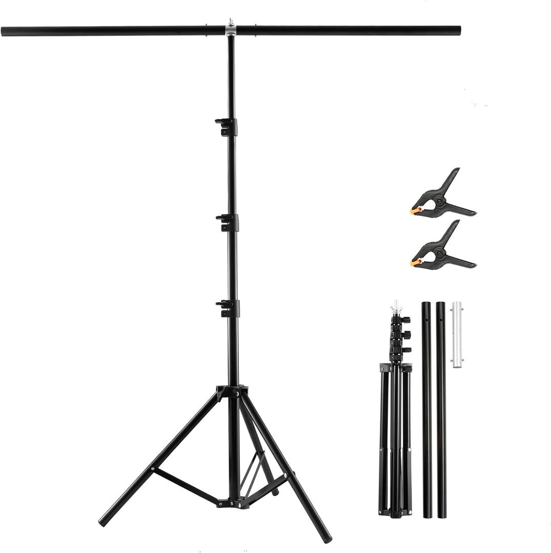 BEIYANG T Shape Backdrop Stand Kit 3.2 * 6.5 FT, Adjustable Background Support Stand Kit with 2 Spring Clamps for Parties, Wedding, Photography, Decoration (Black)