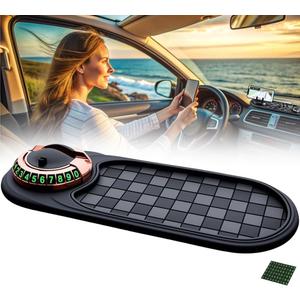 Multifunction Car Anti-Slip Mat,Rotatable Car Anti Slip Mat Phone Holder with Temporary Parking Number,Universal Car Phone Large Pad for Phones Sunglasses Keys Gadgets (Black+Gold Bracket)