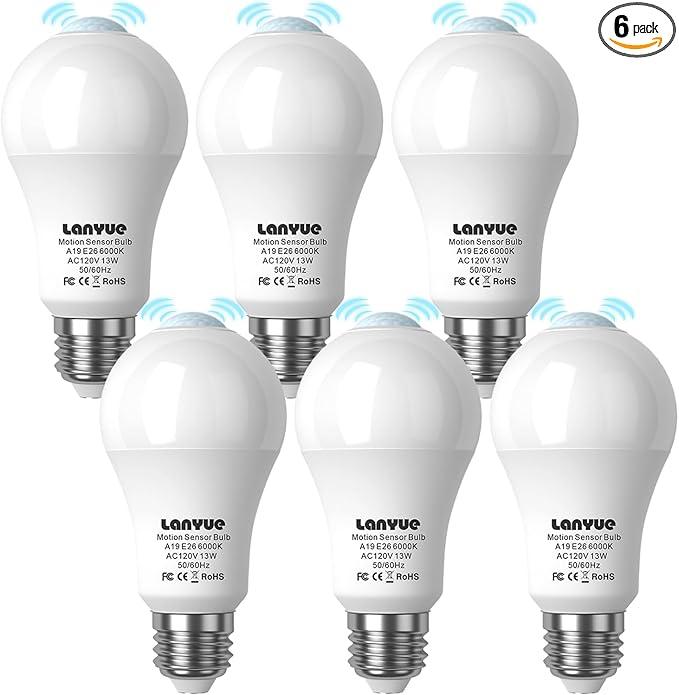 lanyue Motion Sensor Light Bulb,Activated Detector Light Bulb Indoor,Dusk to Dawn Security Bulb,13W Equivalent 100W,E26 Base 6000K Daylight,6 Packs