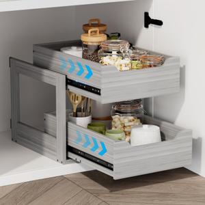 Landmok Pull Out Drawers For Cabinets, 23" W x 21.65" D x 17" H Slide Out Wooden Pull out Drawers, 2-Tier, Heavy-Duty Base Bottom Assembly Slide out Drawer Shelf Cabinet Organization for Kitchen, Gray