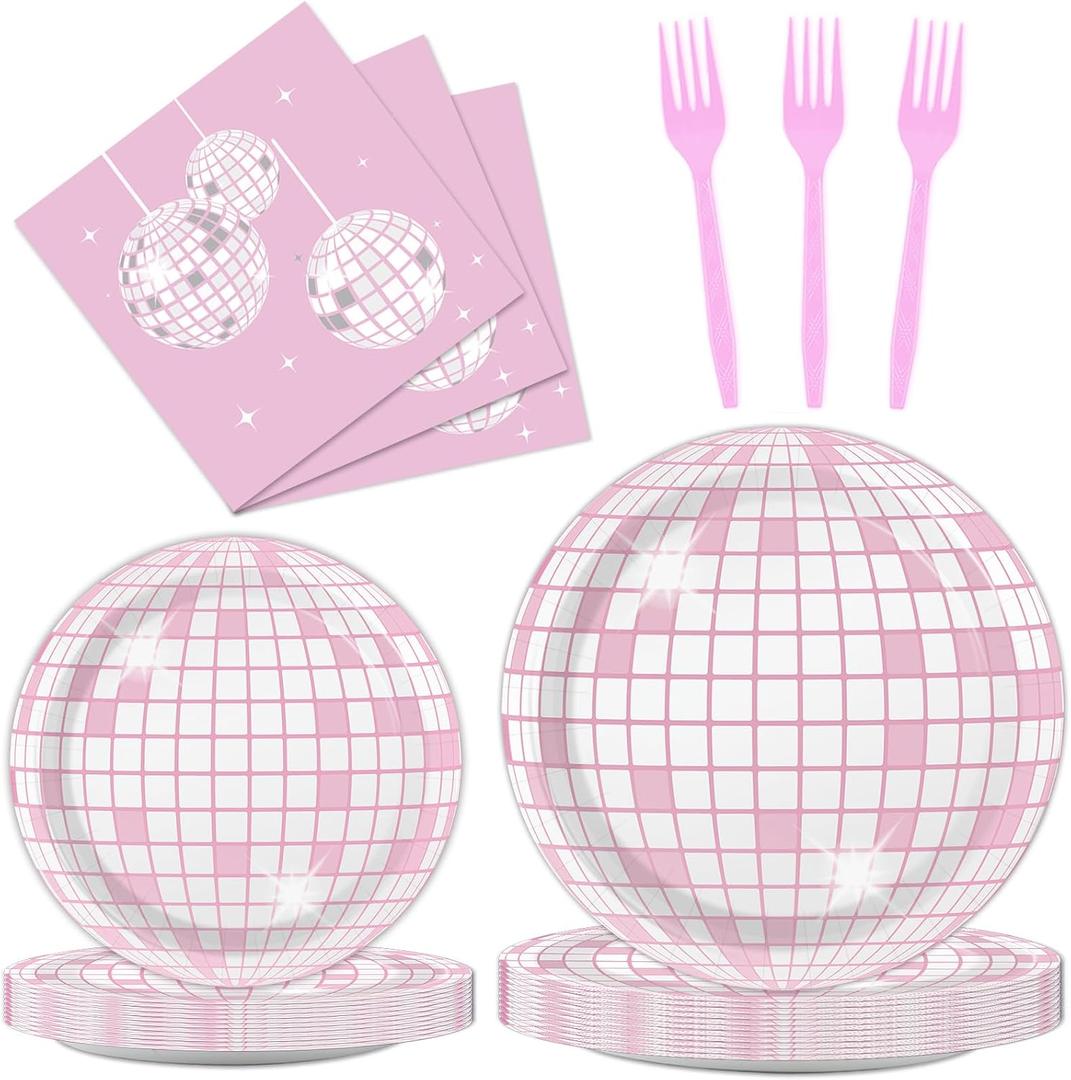 96PCS Pink Silver Disco Party Plates Napkins Disco Birthday Decoration 70s Theme Disposable Paper Cake Tableware Serve 24 Guests Women Girls Baby Shower Bachelorette Wedding Birthday Party Favor