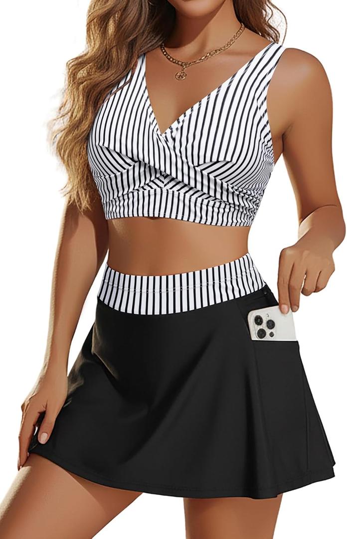 Aqua Eve Two Piece Bikini Skirt Swimsuit - 2 Piece Bathing Suits for Women High Waisted with Pockets 2026 Swimwear (Black, XXL)