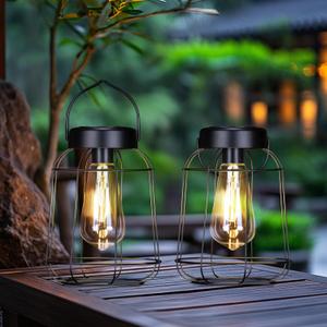 2 Pack Solar Lanterns Outdoor with LED Bulbs Hanging Lights for Outside Waterproof Solar Powered Lanterns for Table Patio Porch Graden and Pathway