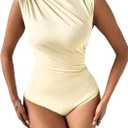 Milumia Women's Ruched Tank Top Sleeveless Mock Neck Bodysuit Fitted Jumpsuit Tops (X-Large, Butter Yellow)