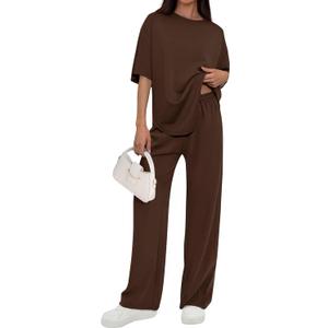 PRETTYGARDEN 2 Piece Lounge Sets for Women Summer 2026 Short Sleeve Matching Airport Travel Outfits Casual Spring Clothes (Brown, L)