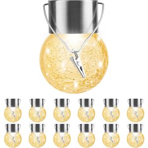 Solar Outdoor Lights Decorative 12 Pack, Hanging Solar Garden Lights Waterproof, Solar Powered Globe Lantern Cracked Glass Ball Lights for Yard Patio Fence Tree Umbrella Holiday Decoration,Warm White