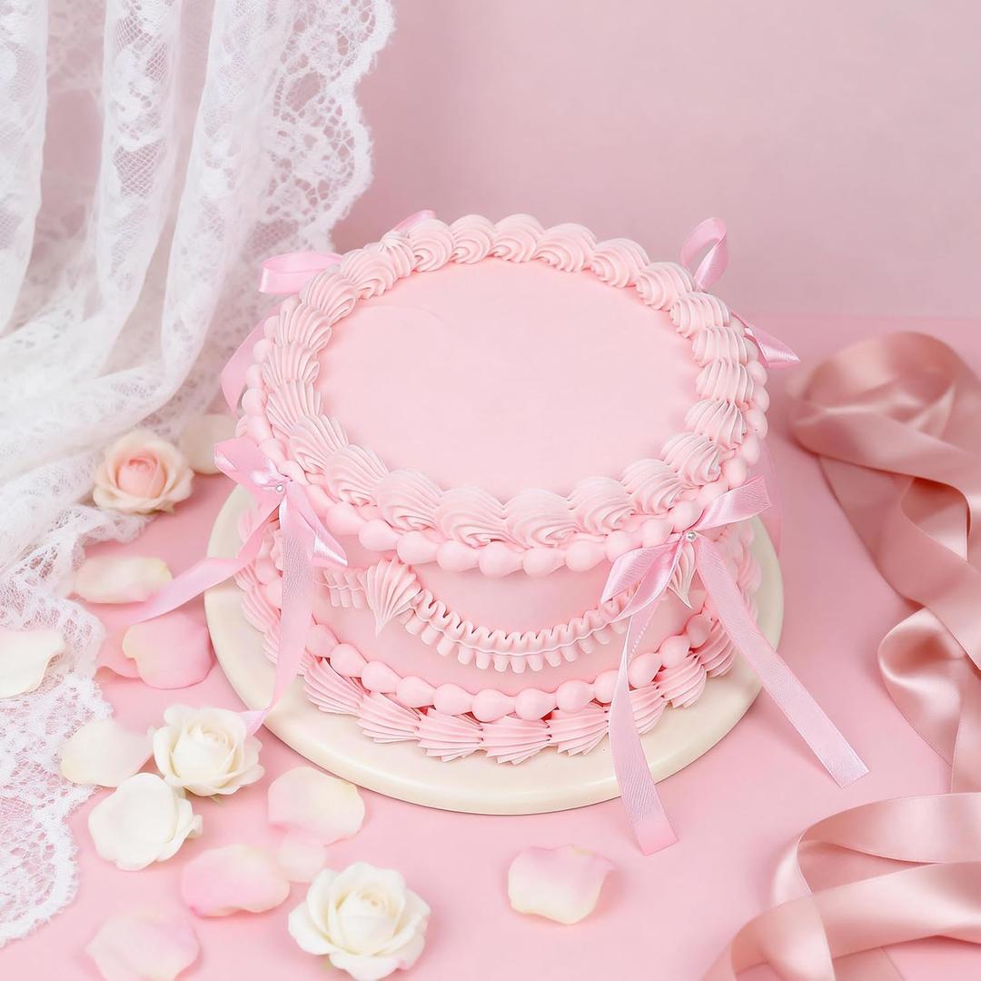 WARMALL 6 Inch Pink Bow Fake Cake - Realistic ArtificialCake for Wedding, Coquette Dessert Table Decor, Reusable Fake Cake for Photography, Anniversary, Birthday Party DecorationPink & Round