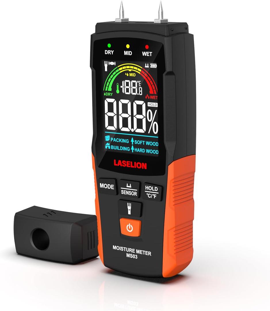 2-in-1 Pin & Pinless Moisture Meter MS03  Accurate Moisture Detection for Wood, Concrete, Drywall, and More  LCD Display with Hold Function, Flashlight, and Auto Power Off