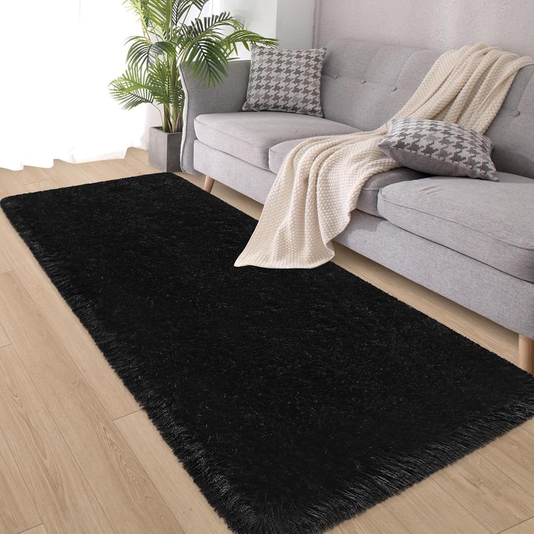Black Rug,Runner Rug for Bedroom Living Room,Fluffy Soft Plush Shaggy Rugs,Non Slip Washable Fuzzy Carpet,2x6 Furry Small Black Runner Rugs for Nursery Dorm Hallway Bathroom Kids Home Decor