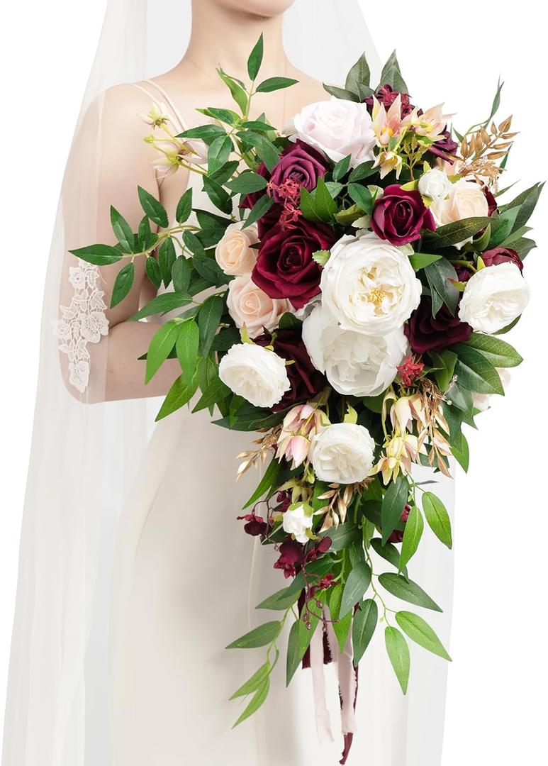 Ling's moment Burgundy Bridal Bouquet Cascading, Marsala Wedding Bouquets for Bride, 15 Inch Bride Bouquets for Wedding Artificial Flowers Bouquets