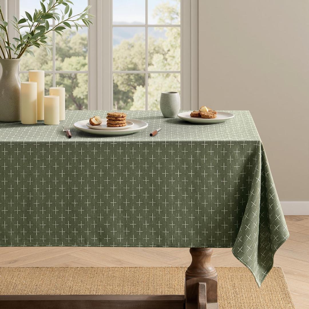 MIULEE Olive Green Linen Table Cloth Rectangle Tablecloth Waterproof Spillproof Cross-Star Textured Table Cloth, Decorative Rustic Farmhouse Style for Dining/ Party/ Buffet/ Wedding, 52x70 Inch