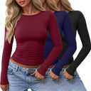 Locoowai 3 Pack Womens Ruched Crop Tops | Long Sleeve, Crew Neck, Tight Slim Fit, Gathered Side Detail, Soft, Stretchy, Basic, Going Out, Casual, Y2K Outfits (Blue, XL)