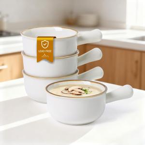 MONITO 16 Oz French Onion Soup Bowls, Ceramic Soup Bowls with Handles, Stackable Soup Crocks Oven Safe for Chili, Beef Stew, Cereal,Casseroles Microwave & Dishwasher Safe, Set of 4, White