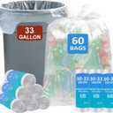 30-33 Gallon 1.1 Mil Clear Trash Bags Heavy Duty 60 Count with 4 Innovative Flap Ties | Compatible with Rubbermaid Brute & Winco & Behrens 30-33 Gallon Round Trash Can | Tear & Leak Resistant