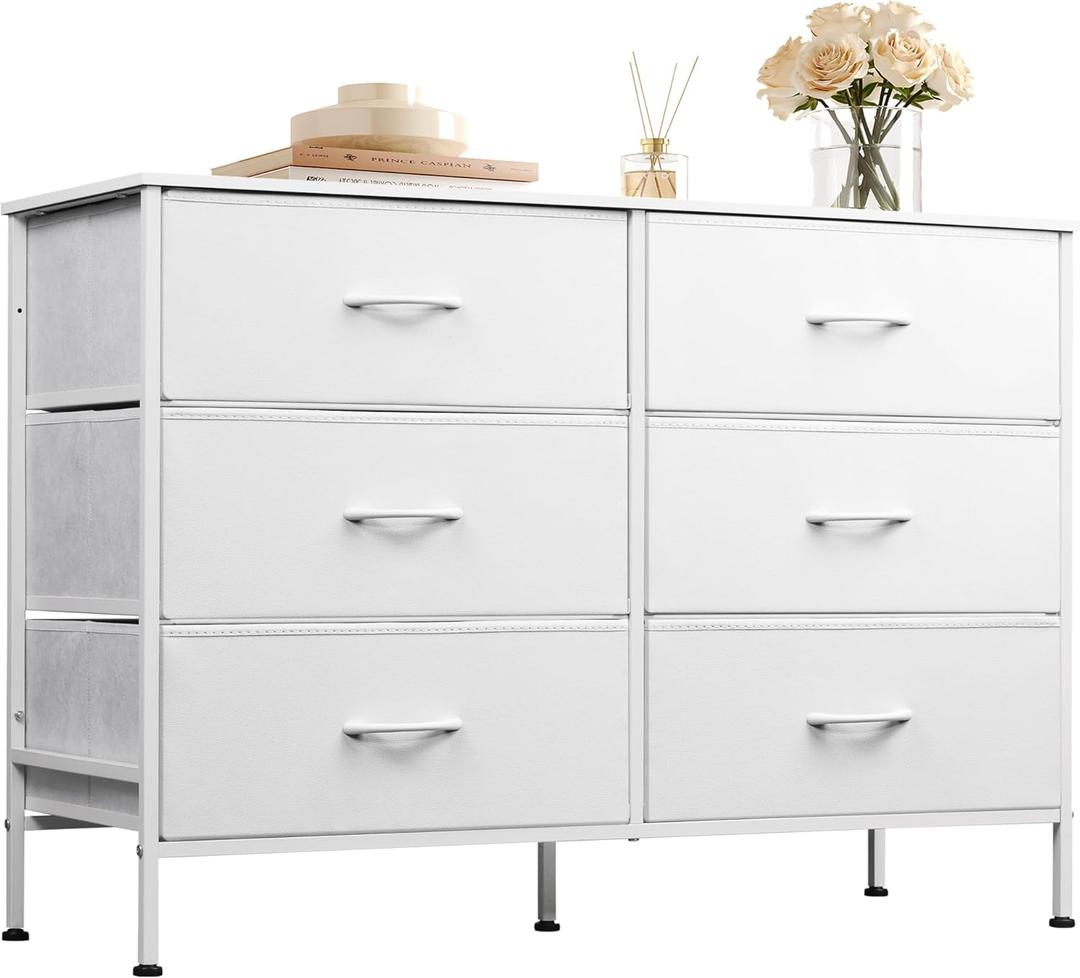 WLIVE Wide Dresser with 6 Drawers, TV Stand for 50" TV, Entertainment Center with Metal Frame, Wooden Top, Fabric Storage Dresser for Bedroom, Hallway, Entryway, White