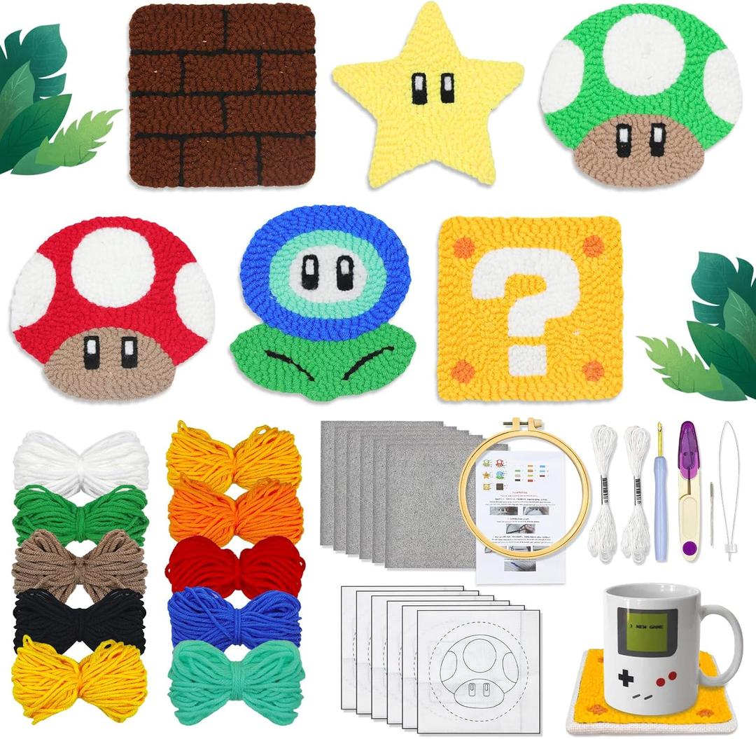 Groodo Punch Needle Coaster Kit, 6PCS Easy DIY Embroidery Set for Beginners, Kids & Adults Good Gift with Patterns, Tools, Yarns, Hoop, Instructions & Coaster Holder