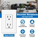 BESTTEN Decorator Receptacle Outlet, 15 Amp Standard Electrical Wall Outlet with Screwless Wallplate, Non-Tamper Resistant, 15A/125V/1875W, UL Listed, 10 Pack, White