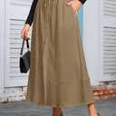 MAKABO Women's Maxi A Line Skirt with Slit, Fall Khaki Ankle Length Skirt Length Tie Outfits for Date Night Vacation, S