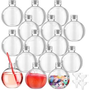 Jinei 15 Packs 8 oz Ball Shape Plastic Sand Art Bottles with Lids Spherical Clear Potion Bottles with Funnel Christmas Cocktail Ornament Candy Jar for DIY Birthday Party(Aluminum Cap,Silver)