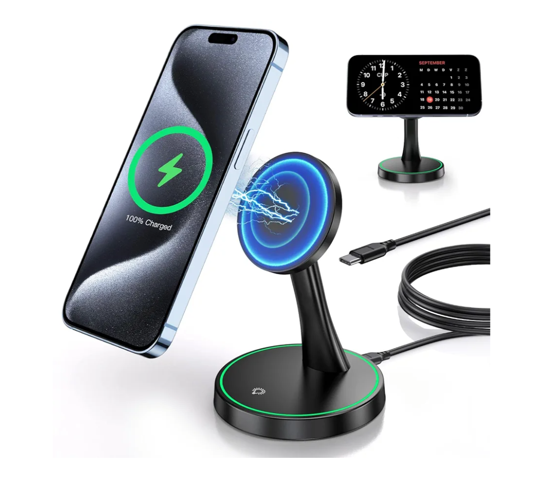 Magnetic Wireless Charger Stand 15W Fast Mag-Safe Charger for iPhone 16/16 Pro/16 Plus/16 Pro Max/15/14/13/12 Series Magnet Wireless Charging Station/Pad with Sleep-Friendly Light for AirPods